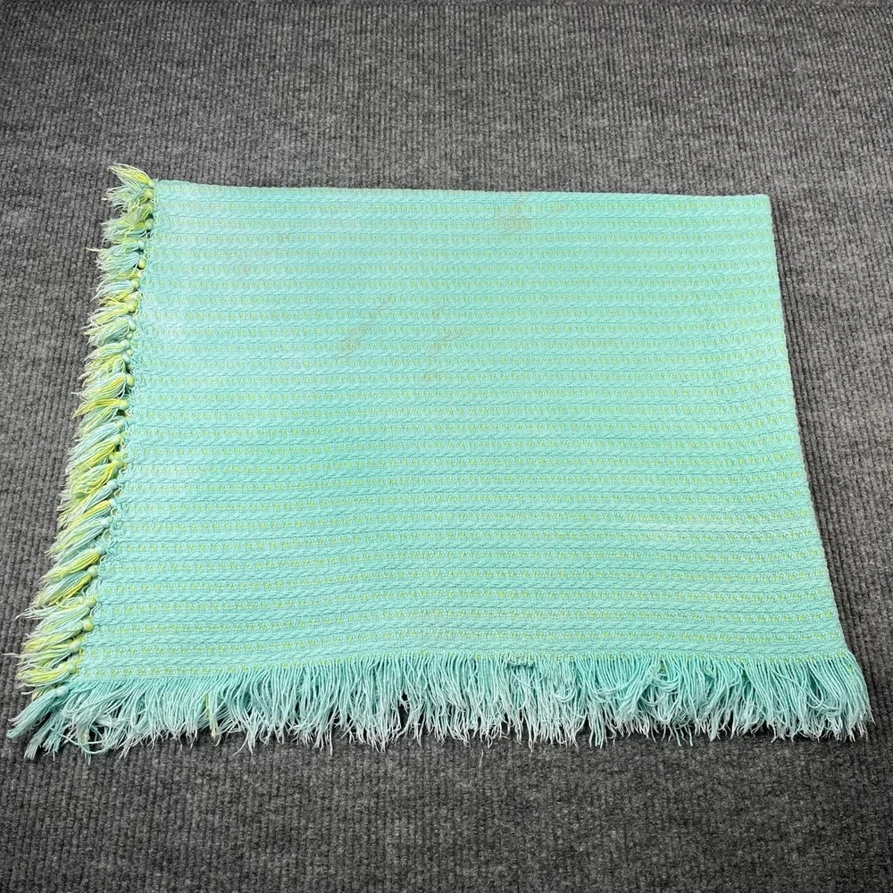 Vtg Knit Blanket Blue Yellow Fringe Unisex Cotton Throw Blanket‎